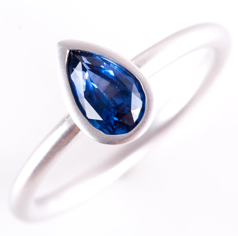 14k White Gold Pear Ceylon Blue Sapphire Solitaire Brush Finish Ring .79ct 2.5g