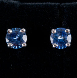 14k White Gold Round Ceylon Blue Sapphire Solitaire Stud Earrings .80ctw .90g