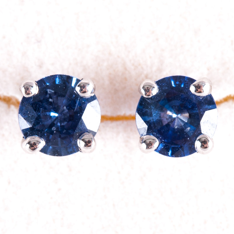 14k White Gold Round Ceylon Blue Sapphire Solitaire Stud Earrings .80ctw .90g