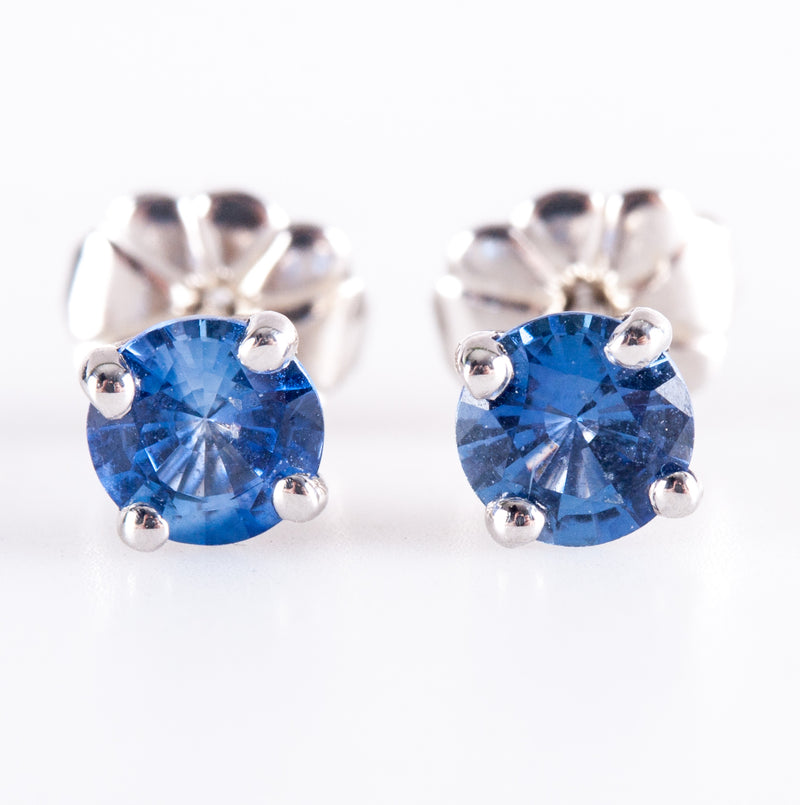 14k White Gold Round Ceylon Blue Sapphire Solitaire Stud Earrings .80ctw .90g