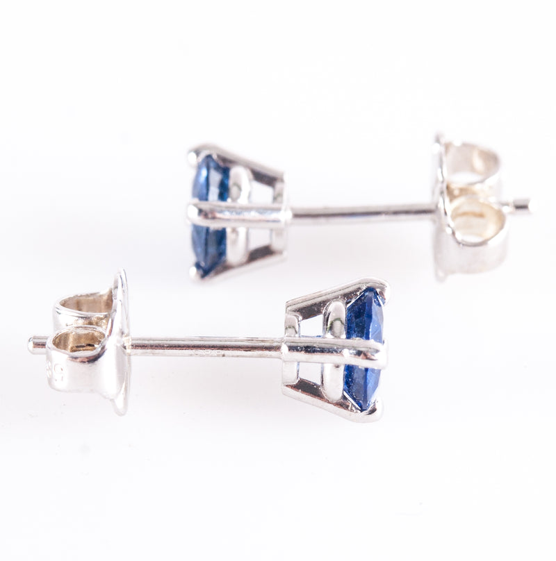 14k White Gold Round Ceylon Blue Sapphire Solitaire Stud Earrings .80ctw .90g