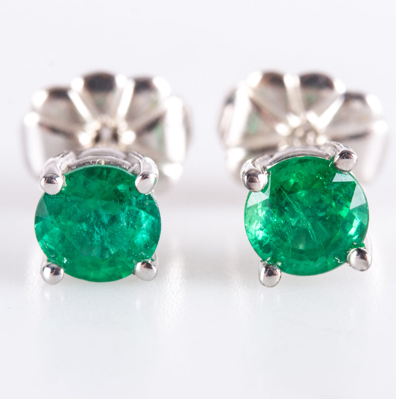 14k White Gold Round AA Emerald Solitaire Stud Earrings .60ctw .87g