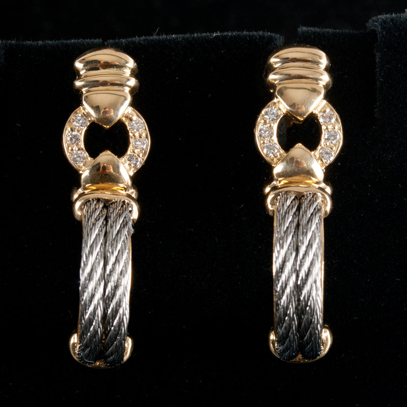 18k Yellow White Gold Two-Tone Diamond Cable Style Earrings .24ctw 9.92g