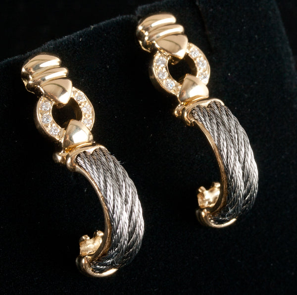 18k Yellow White Gold Two-Tone Diamond Cable Style Earrings .24ctw 9.92g