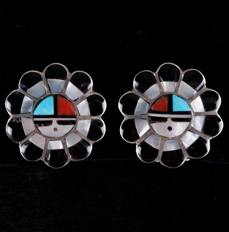 Vintage 1960's Sterling Silver Zuni Sunface Multi-Stone Necklace Earring Set