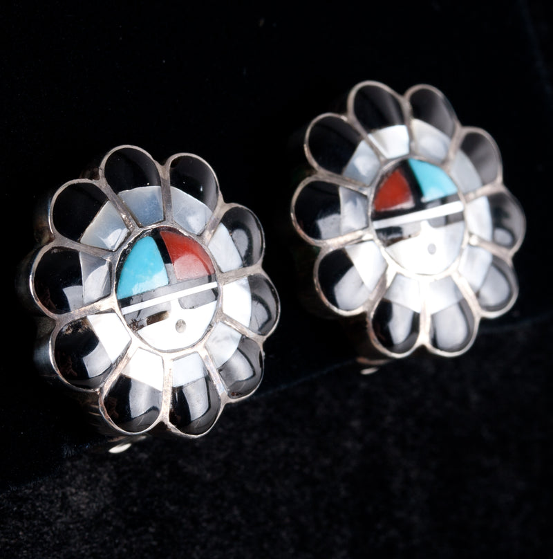 Vintage 1960's Sterling Silver Zuni Sunface Multi-Stone Necklace Earring Set