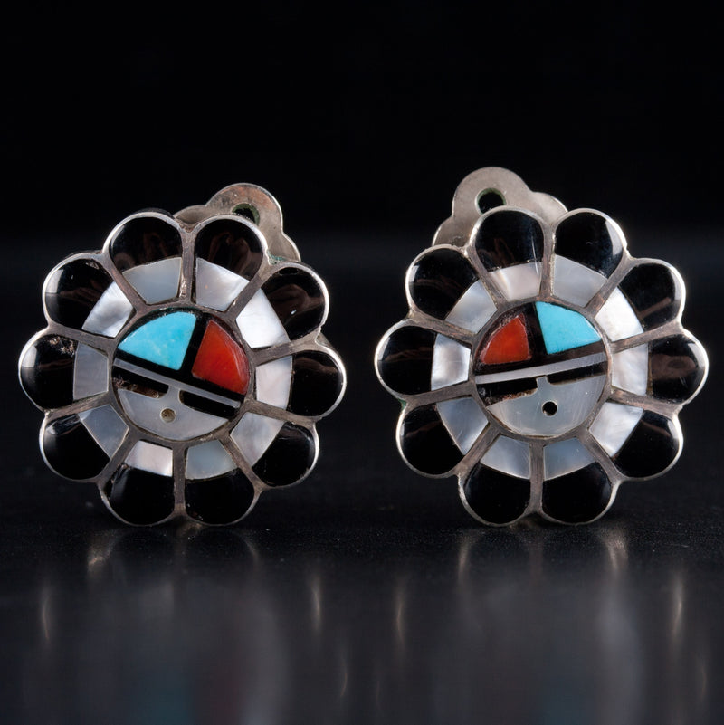 Vintage 1960's Sterling Silver Zuni Sunface Multi-Stone Necklace Earring Set