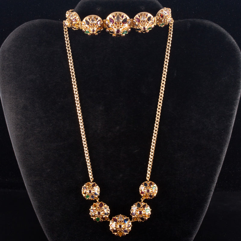 18k Yellow Gold Pear Shaped Multi-Stone Domed Style Necklace Bracelet Set 51.2g