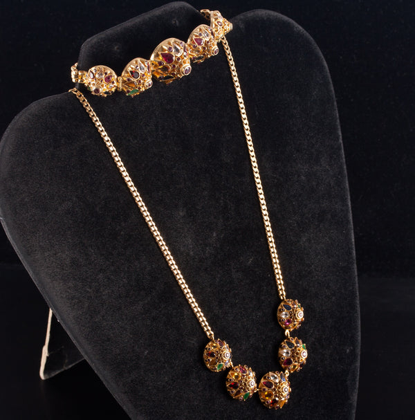 18k Yellow Gold Pear Shaped Multi-Stone Domed Style Necklace Bracelet Set 51.2g