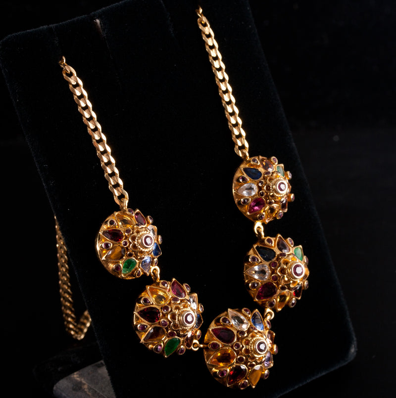 18k Yellow Gold Pear Shaped Multi-Stone Domed Style Necklace Bracelet Set 51.2g