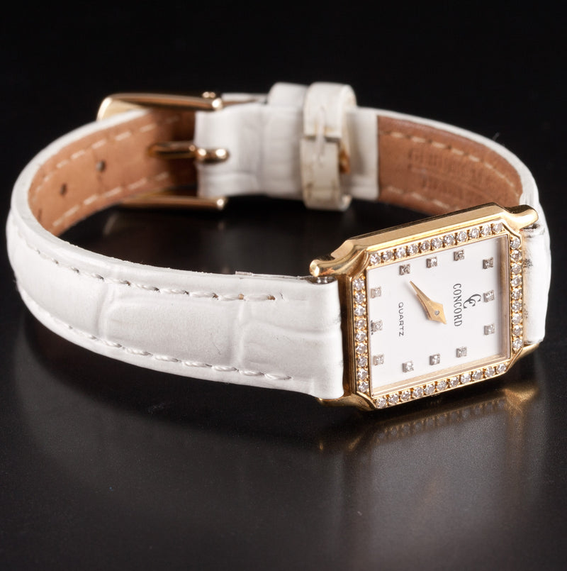 Concord 18k Yellow Gold Diamond Bezel Quartz Wrist Watch W/ White Leather Band