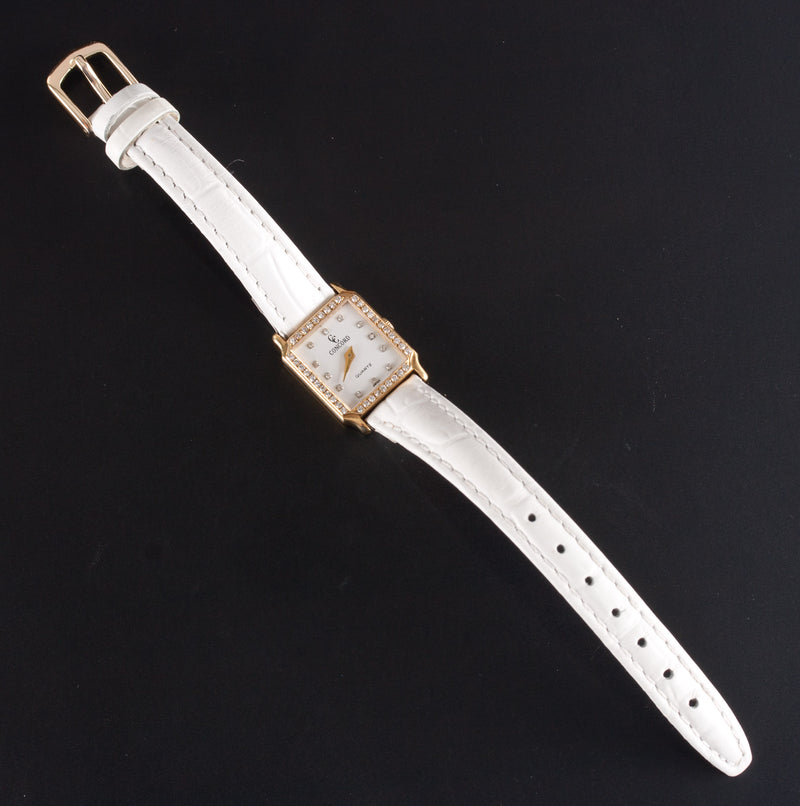 Concord 18k Yellow Gold Diamond Bezel Quartz Wrist Watch W/ White Leather Band