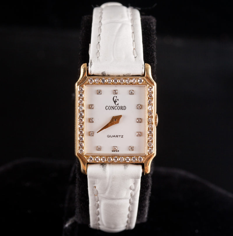 Concord 18k Yellow Gold Diamond Bezel Quartz Wrist Watch W/ White Leather Band