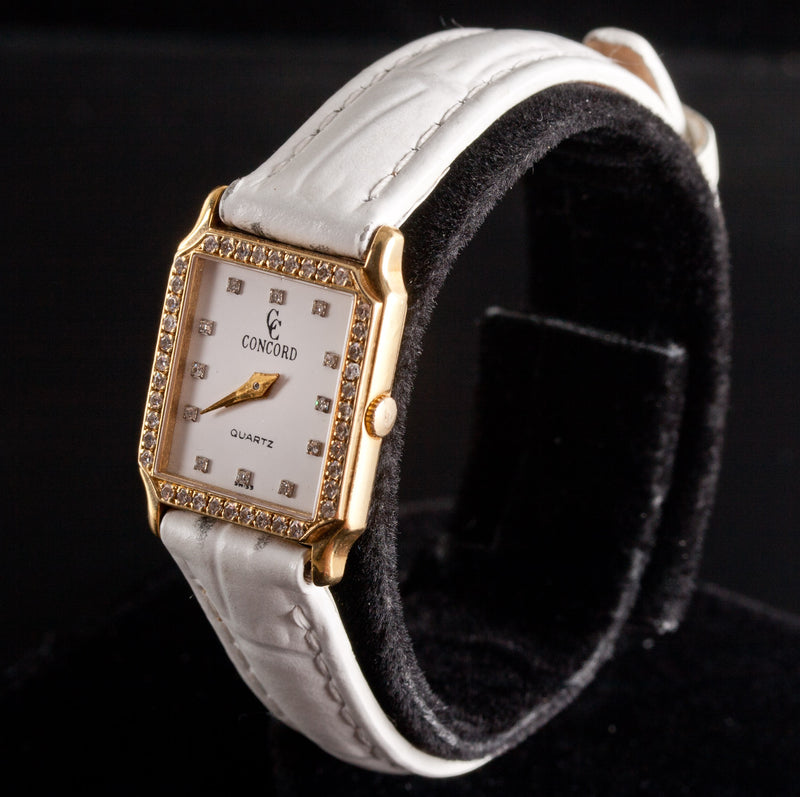 Concord 18k Yellow Gold Diamond Bezel Quartz Wrist Watch W/ White Leather Band