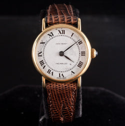 Jean Renet Incabloc 18k Yellow Gold Manual Wrist Watch W/ Lizard Leather Band