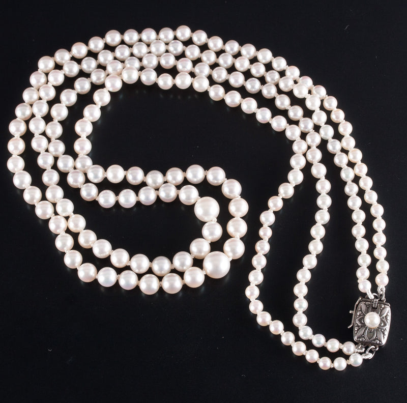 Mikimoto Sterling Silver Cultured Pearl Double Strand Necklace W/ Original Box