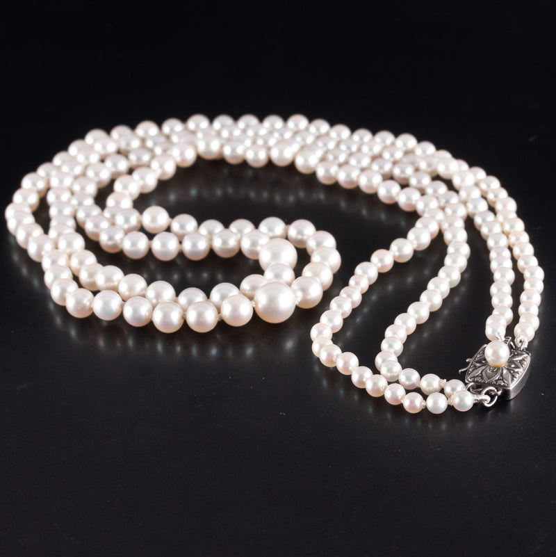 Mikimoto Sterling Silver Cultured Pearl Double Strand Necklace W/ Original Box