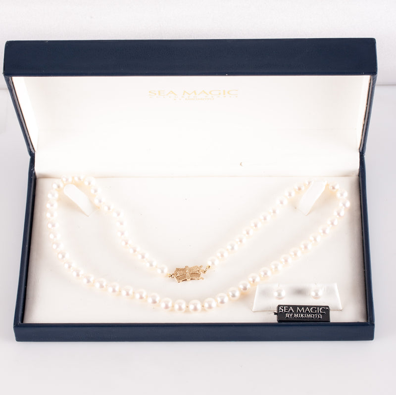 Mikimoto 14k Yellow Gold Sea Magic Pearl Necklace Earring Set W/ Original Box