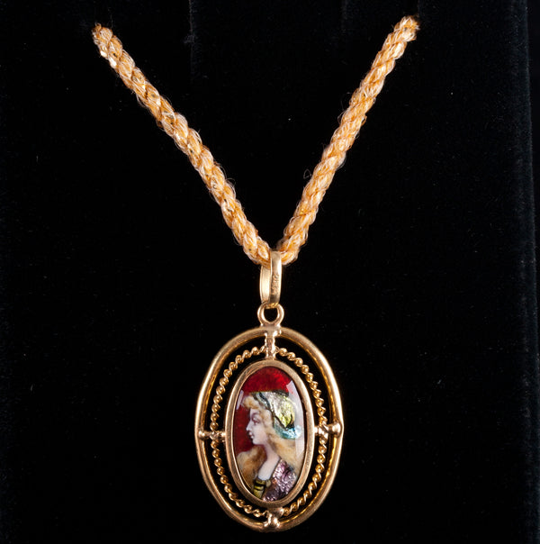 Vintage 1950's 14k Yellow Gold Limoges Porcelain Pendant W/ 28" Cord 2.5g