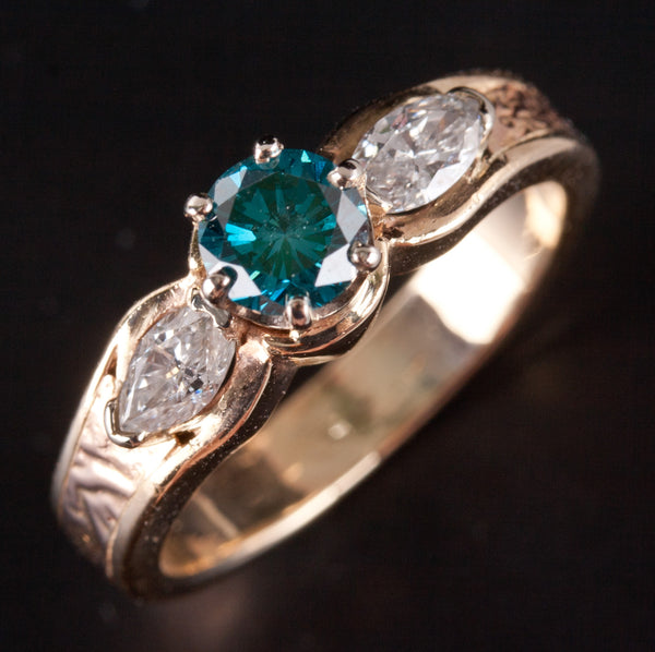 14k Yellow Rose Gold Round Intense Blue Diamond Engagement Ring 1.04ctw 5.92g
