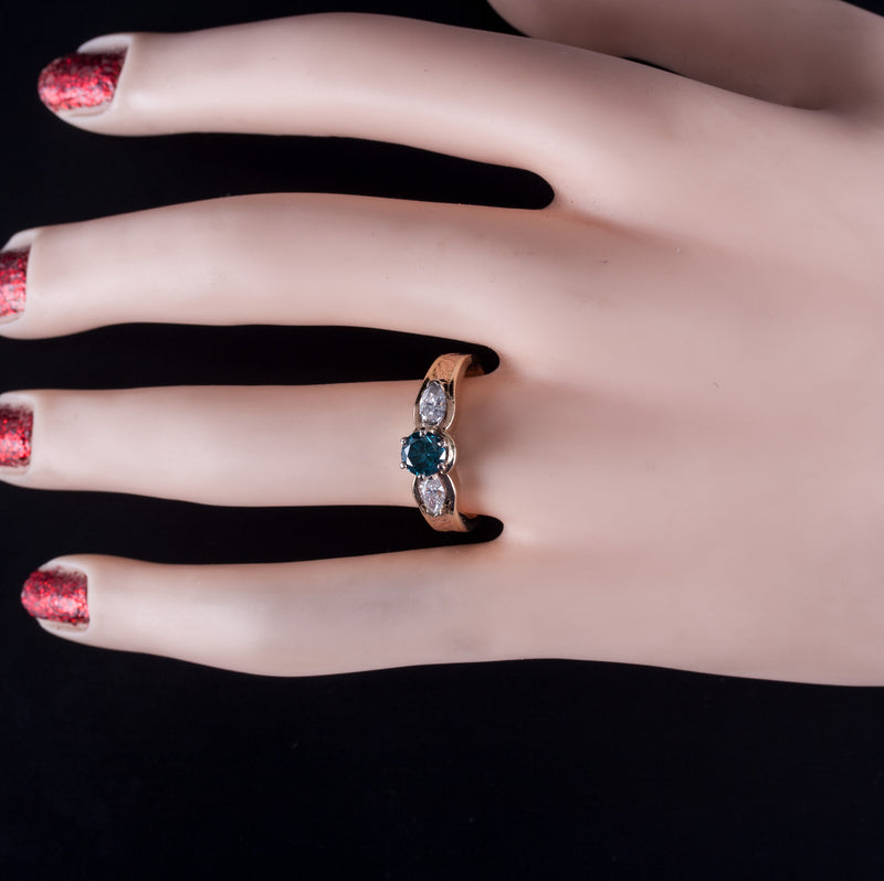 14k Yellow Rose Gold Round Intense Blue Diamond Engagement Ring 1.04ctw 5.92g