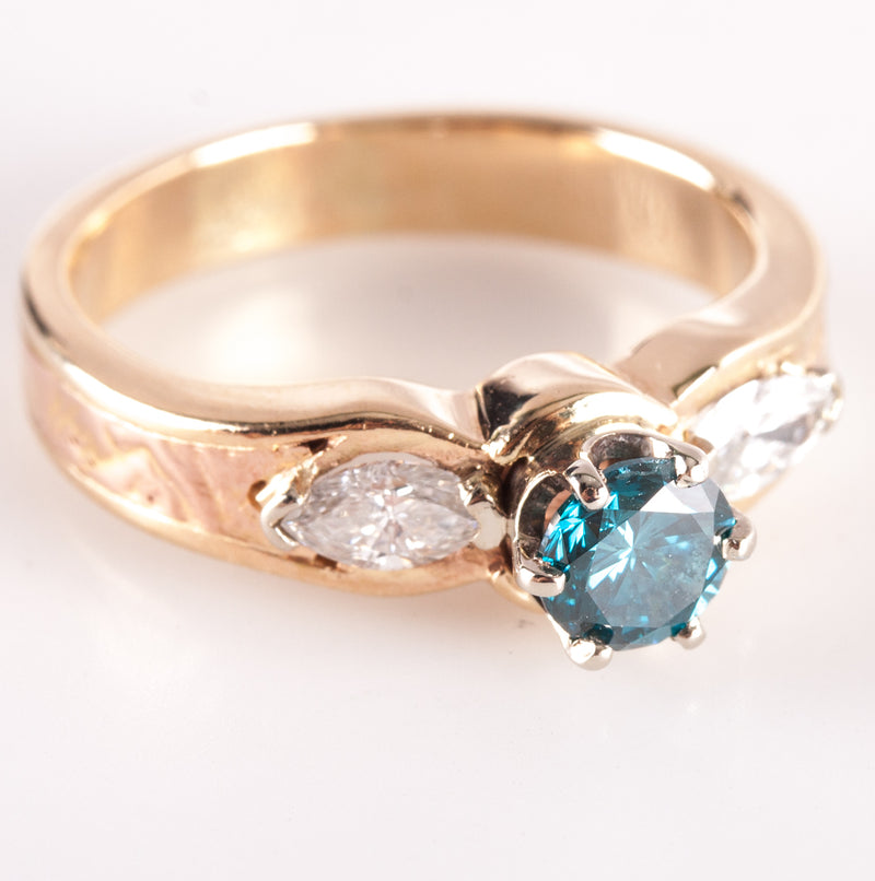 14k Yellow Rose Gold Round Intense Blue Diamond Engagement Ring 1.04ctw 5.92g
