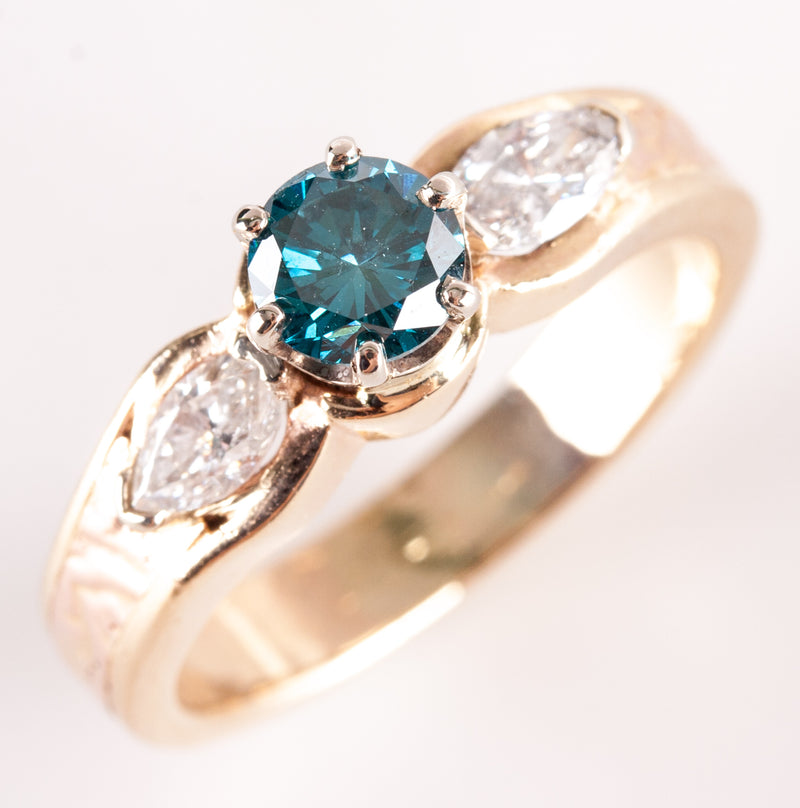 14k Yellow Rose Gold Round Intense Blue Diamond Engagement Ring 1.04ctw 5.92g