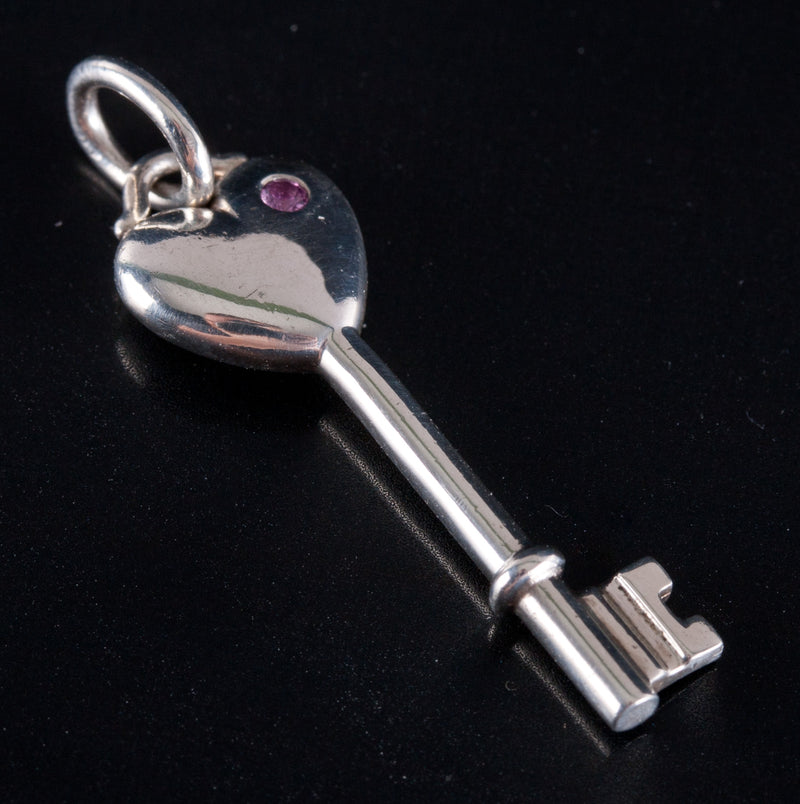 Tiffany & Co. Sterling Silver Pink Sapphire Heart Key Style Pendant .02ctw 2.2g
