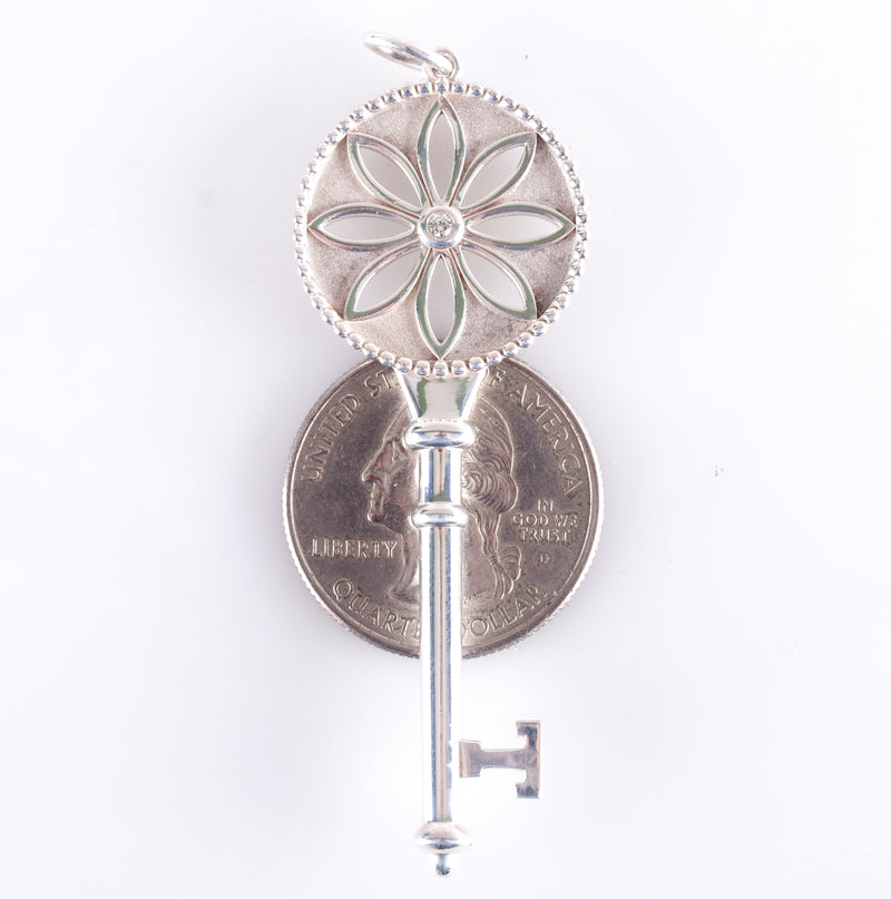 Tiffany & Co. Sterling Silver Diamond Key Style Pendant W/ Original Box & Pouch