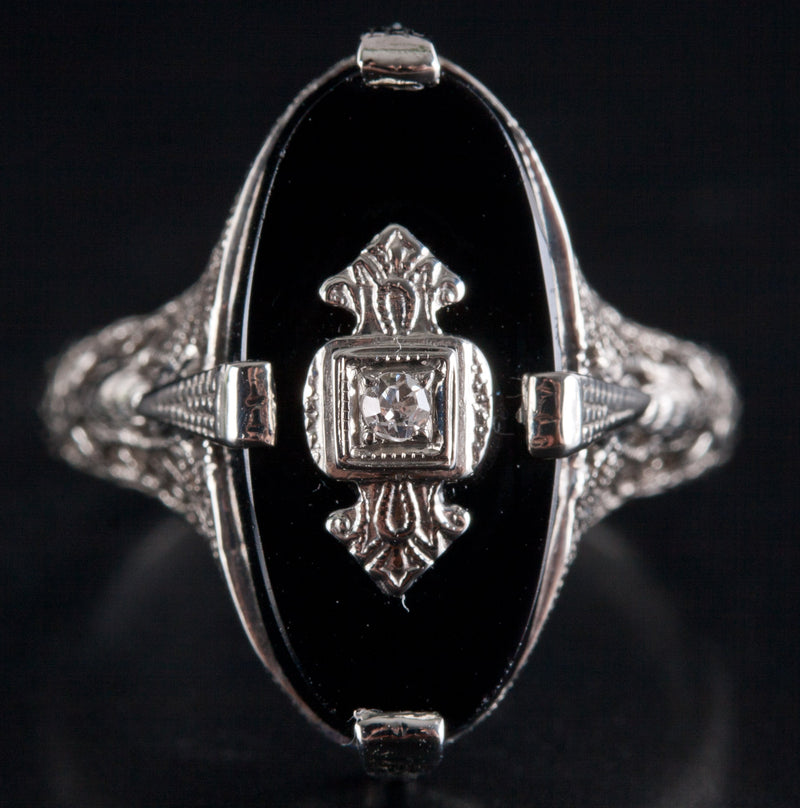 Vintage 1920's 14k White Gold Onyx Diamond Cocktail Style Ring .01ctw 3.0g