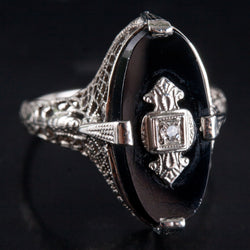 Vintage 1920's 14k White Gold Onyx Diamond Cocktail Style Ring .01ctw 3.0g