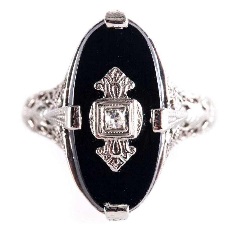 Vintage 1920's 14k White Gold Onyx Diamond Cocktail Style Ring .01ctw 3.0g