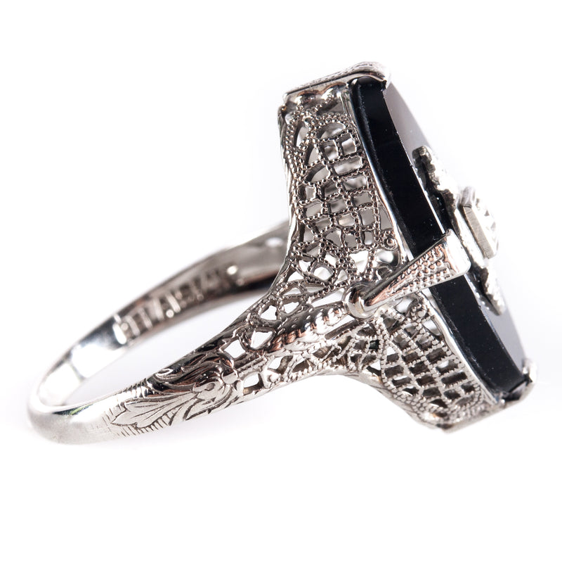 Vintage 1920's 14k White Gold Onyx Diamond Cocktail Style Ring .01ctw 3.0g