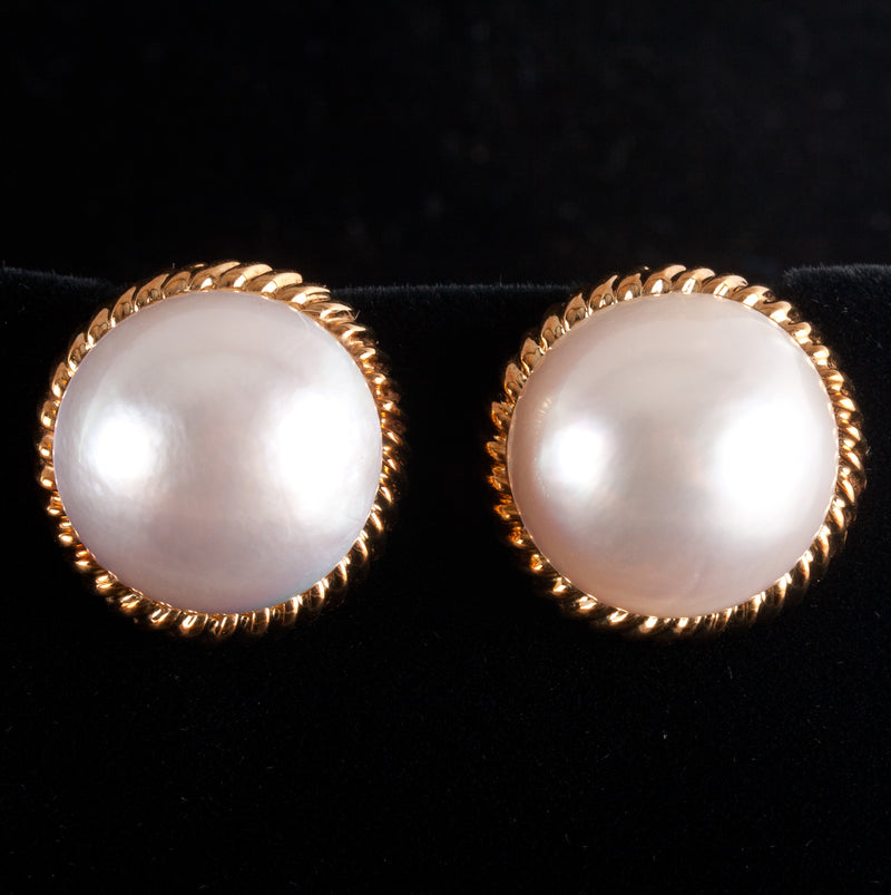 18k Yellow Gold Cultured Mabe Pearl Huggie Omega Clip On Earrings 12.8g