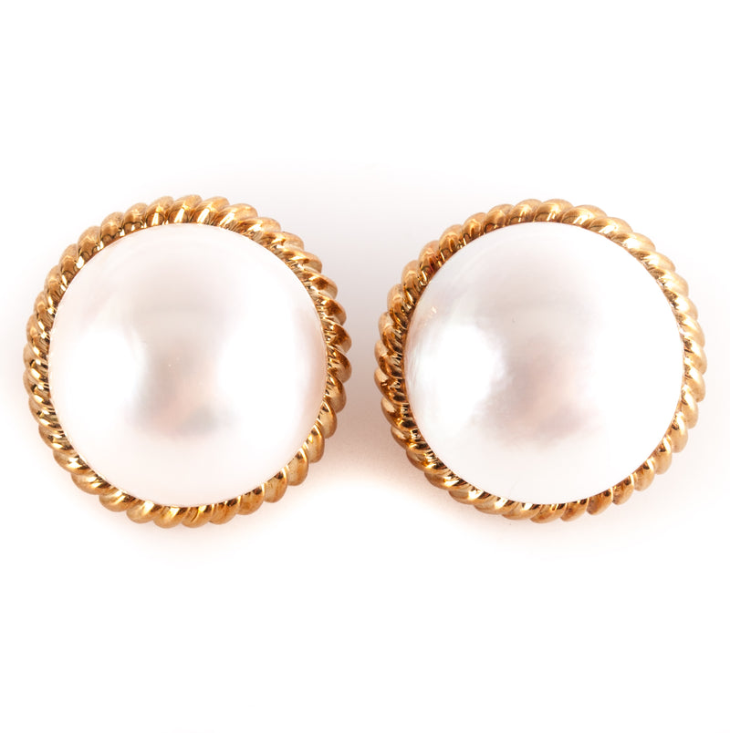 18k Yellow Gold Cultured Mabe Pearl Huggie Omega Clip On Earrings 12.8g