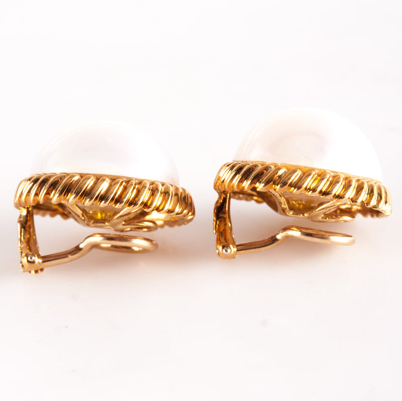 18k Yellow Gold Cultured Mabe Pearl Huggie Omega Clip On Earrings 12.8g