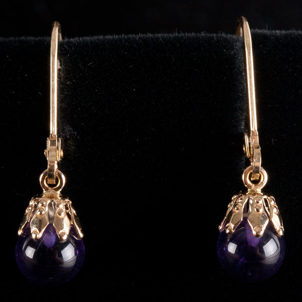 14k Yellow Gold Round Bead Amethyst Solitaire Dangle Earrings .50ctw 1.41g