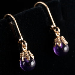 14k Yellow Gold Round Bead Amethyst Solitaire Dangle Earrings .50ctw 1.41g