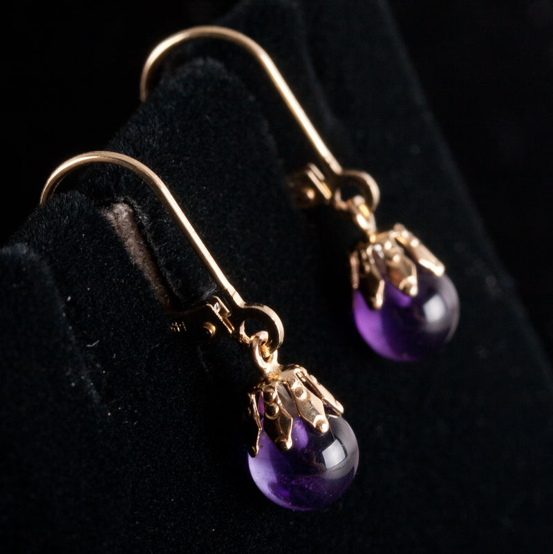 14k Yellow Gold Round Bead Amethyst Solitaire Dangle Earrings .50ctw 1.41g