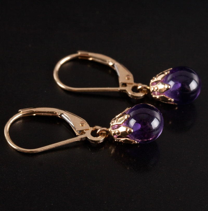 14k Yellow Gold Round Bead Amethyst Solitaire Dangle Earrings .50ctw 1.41g