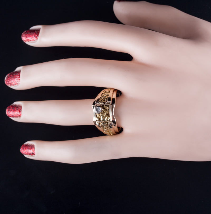 Men's 14k Yellow Gold / 20k Natural Gold Nugget Round Diamond Ring .20ct 17.03g