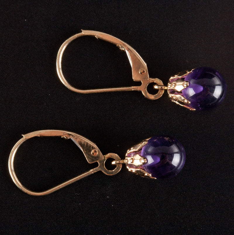 14k Yellow Gold Round Bead Amethyst Solitaire Dangle Earrings .50ctw 1.41g