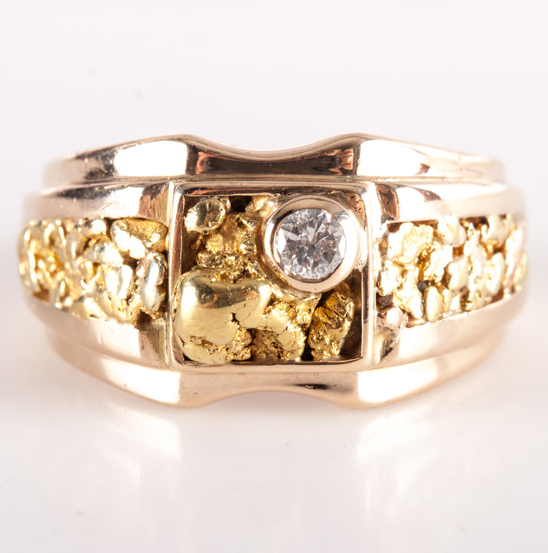 Men's 14k Yellow Gold / 20k Natural Gold Nugget Round Diamond Ring .20ct 17.03g