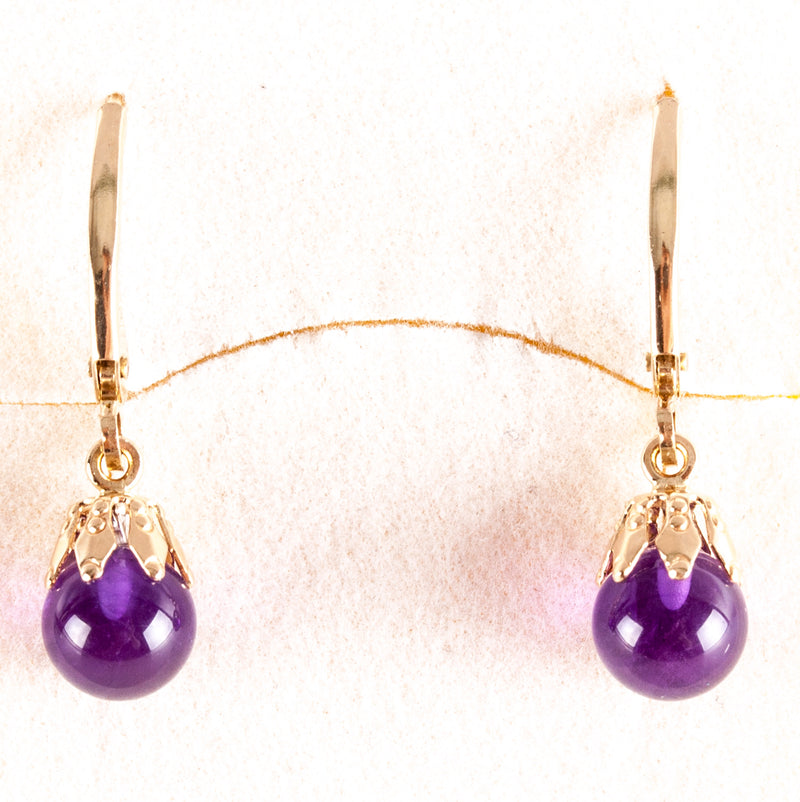 14k Yellow Gold Round Bead Amethyst Solitaire Dangle Earrings .50ctw 1.41g