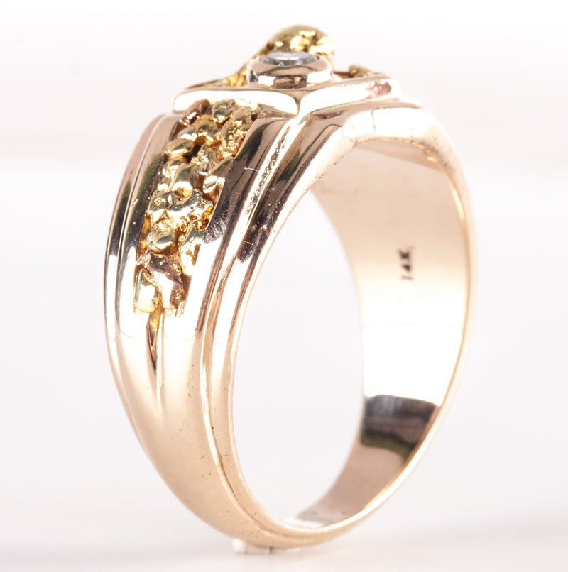 Men's 14k Yellow Gold / 20k Natural Gold Nugget Round Diamond Ring .20ct 17.03g