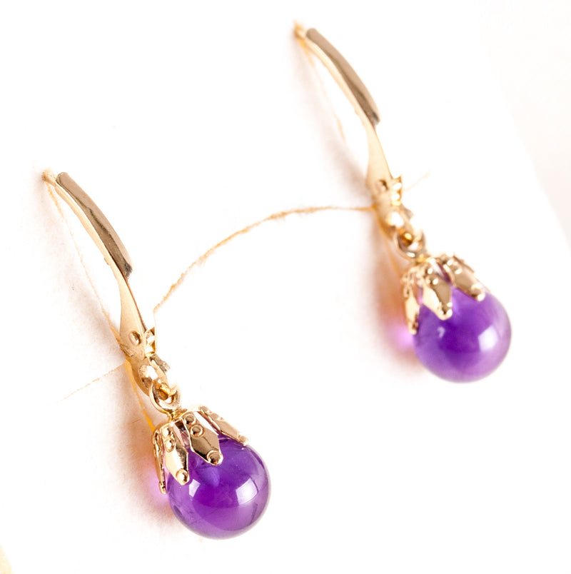 14k Yellow Gold Round Bead Amethyst Solitaire Dangle Earrings .50ctw 1.41g