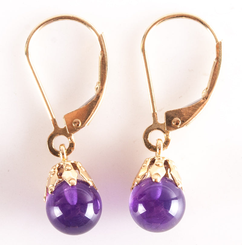 14k Yellow Gold Round Bead Amethyst Solitaire Dangle Earrings .50ctw 1.41g