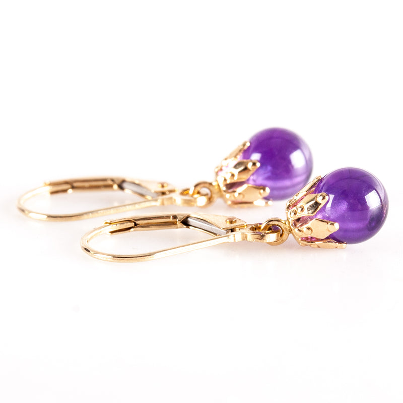 14k Yellow Gold Round Bead Amethyst Solitaire Dangle Earrings .50ctw 1.41g