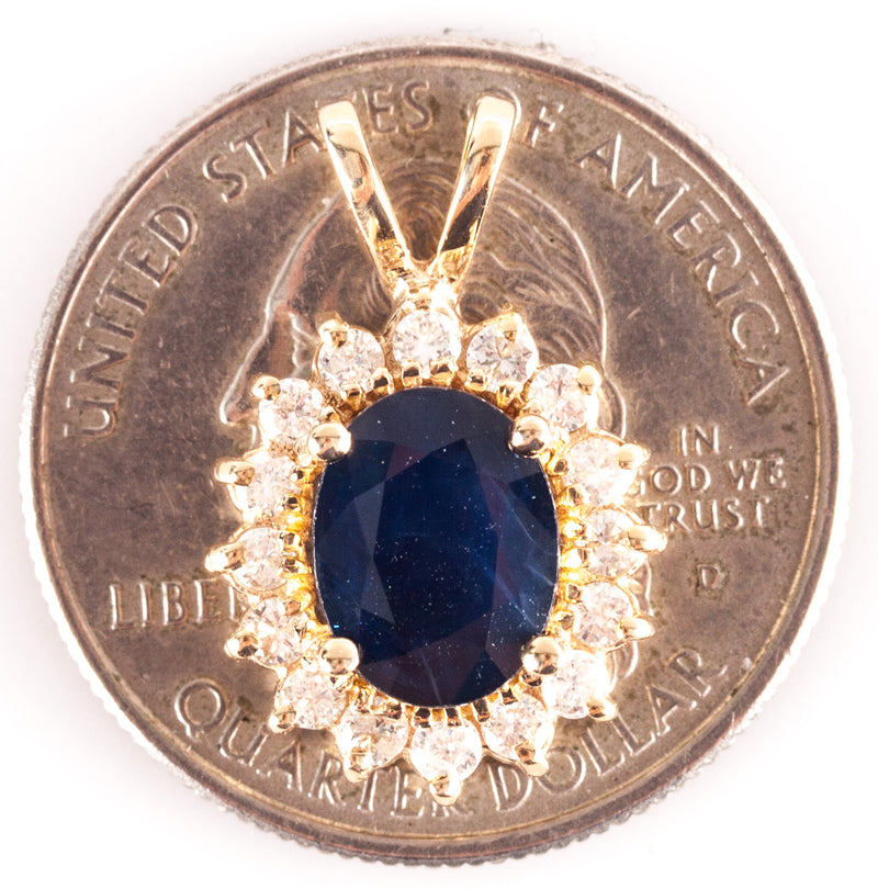 14k Yellow Gold Oval Sapphire Round Diamond Halo Style Pendant 2.92ctw 2.48g