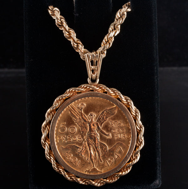 50 Peso 90% Gold Mexican Coin Pendant W/ 14k Yellow Gold Bail & Chain 103.4g